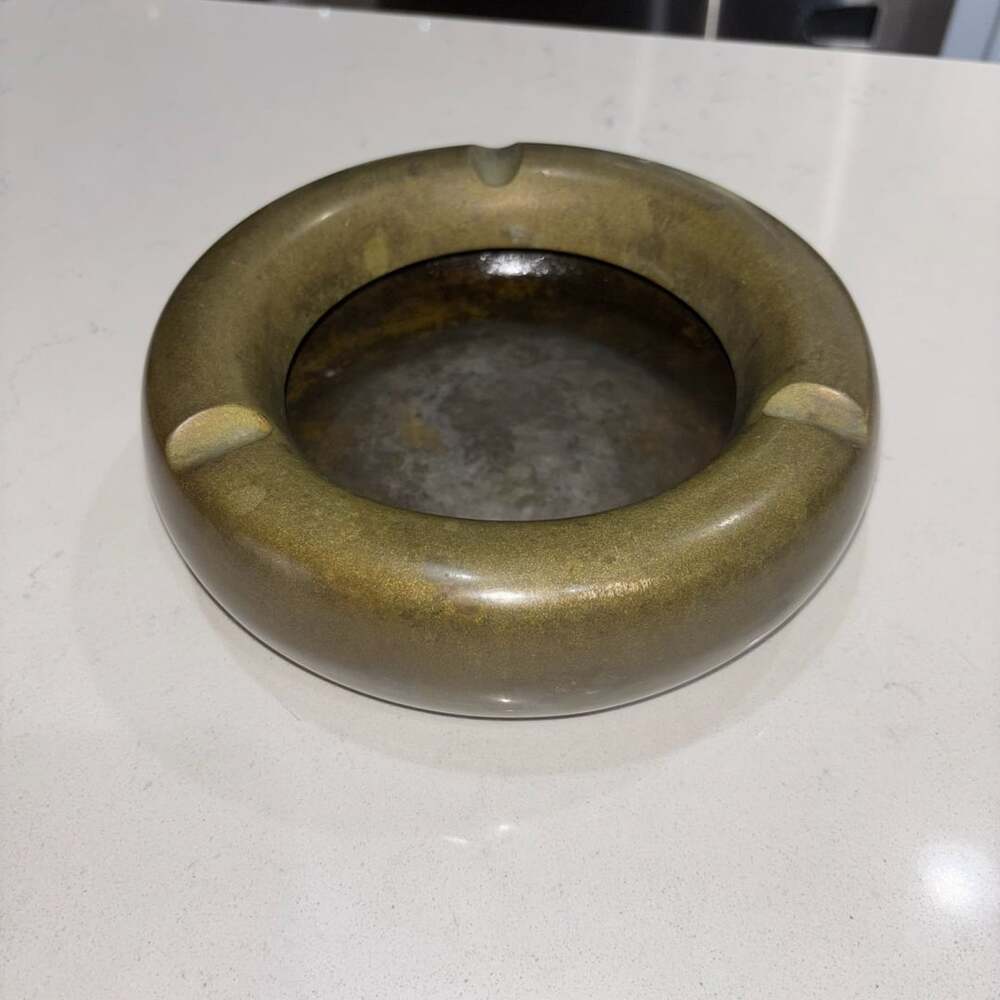 Vintage Heavy 8” Brass Round Cigar Ashtray Patina Aged Decor